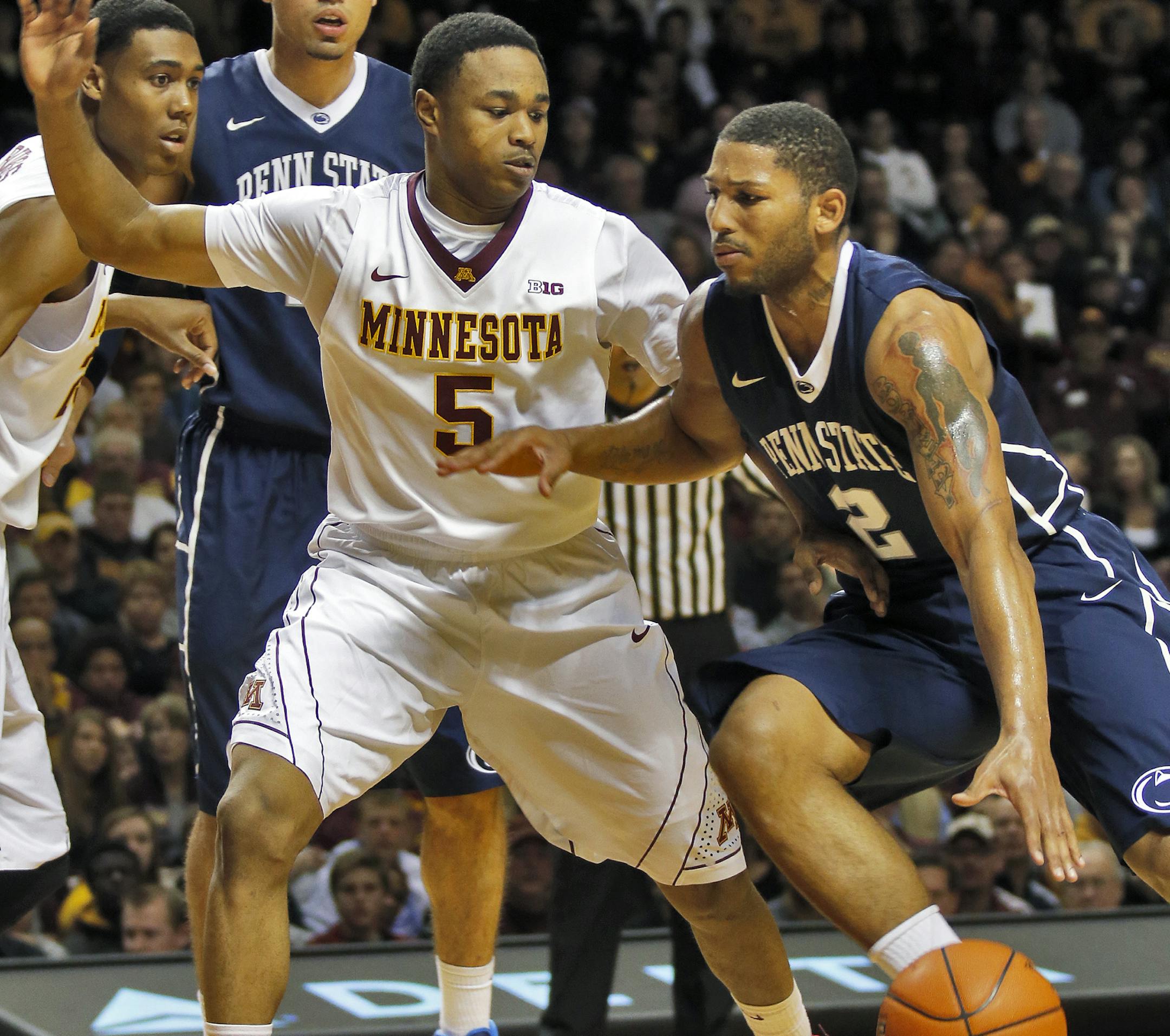 Minnesota's Daquein McNeil (5) guarded Penn State's D.J. Newbill (2). ] UM Gophers vs. Penn State basketball. Minnesota won 81-63. (MARLIN LEVISON/STARTRIBUNE(mlevison@startribune.com)
