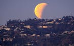 A super blue blood moon is seen setting behind the Hollywood hills in Los Angeles on Wednesday Jan. 31, 2018. The moon is putting on a rare cosmic sho