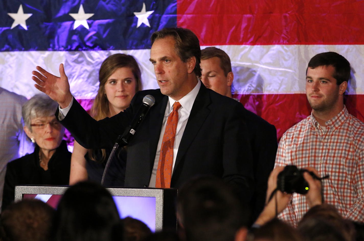 Flanked by his family on stage, Mike McFadden conceded his race for a US Senate seat to Al Franken.