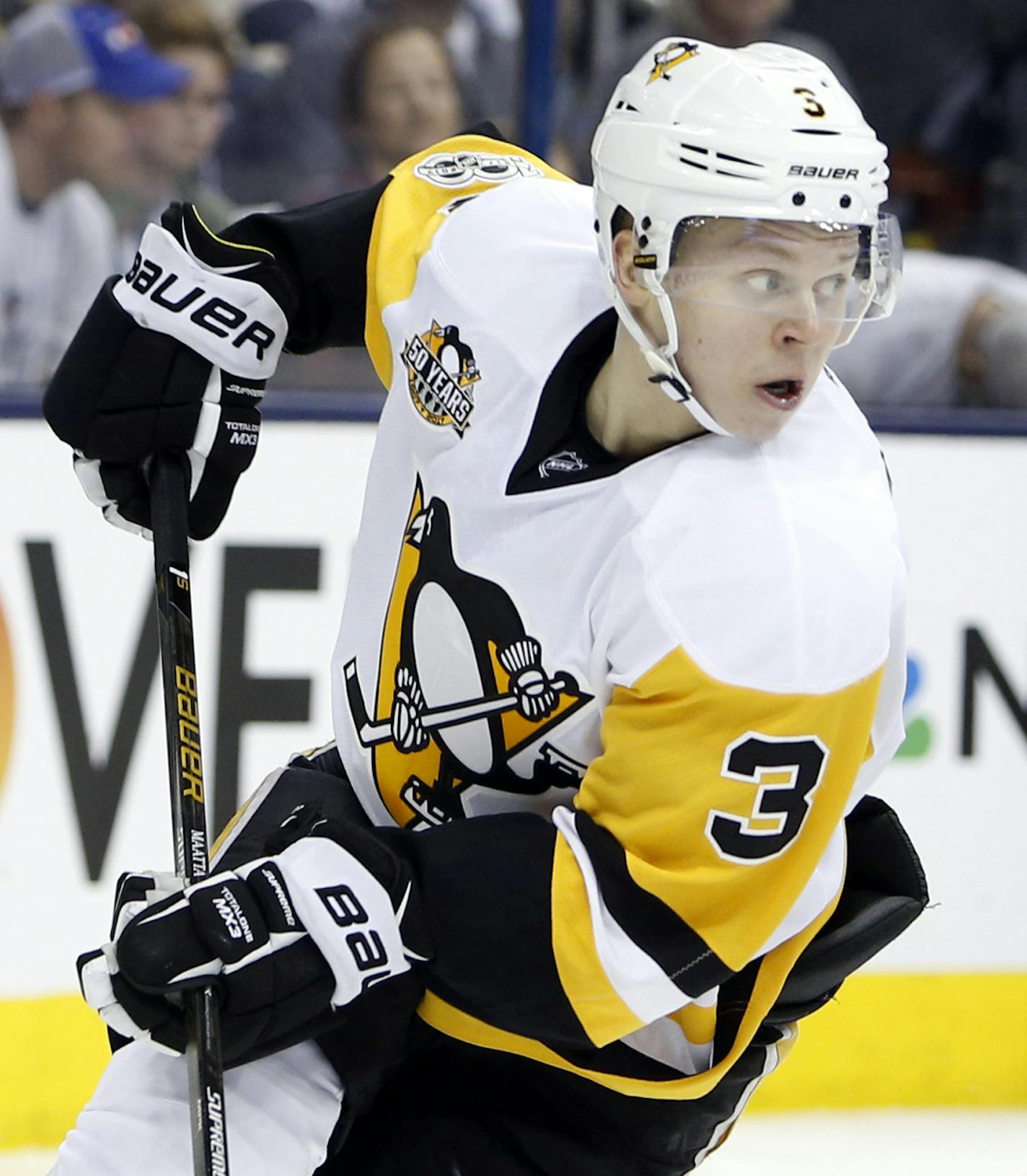 Pittsburgh Penguins' Olli Maatta, of Finland, plays against the Columbus Blue Jackets during Game 3 of a first-round NHL hockey playoff series Sunday, April 16, 2017, in Columbus, Ohio. (AP Photo/Jay LaPrete) ORG XMIT: otk_hkn_04162017_012