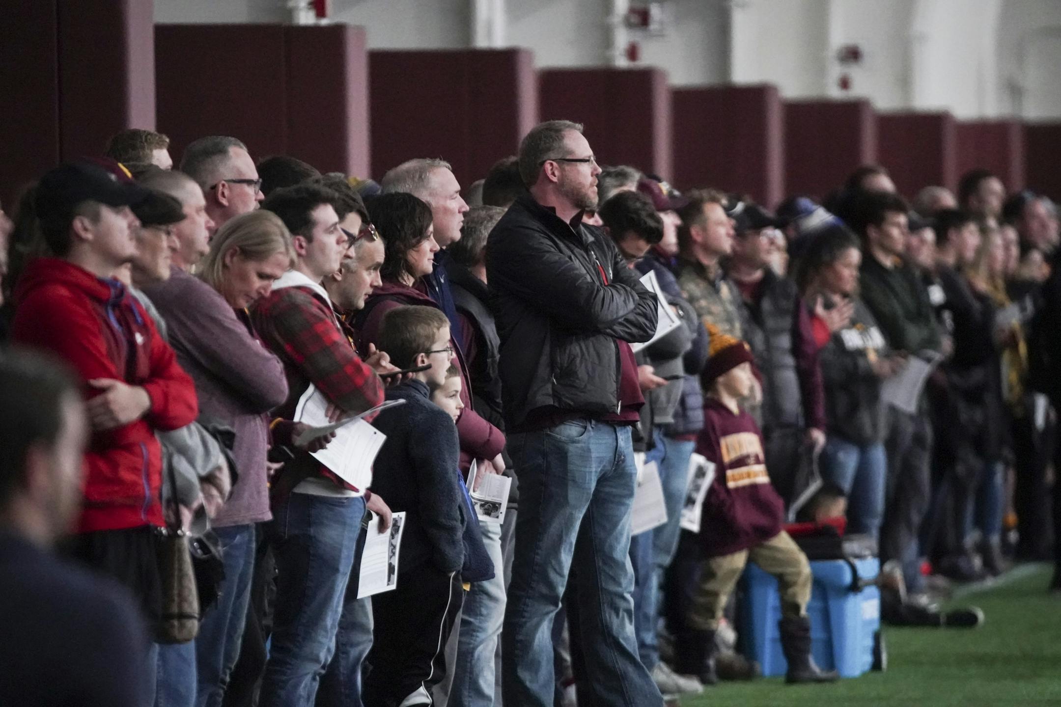 Fans watched the team practice during the first open Gopher football practice at the University of Minnesota in Minneapolis, Minn., on Friday, March 6, 2020.