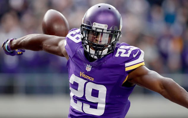 Vikings cornerback Xavier Rhodes intercepted a pass by the Cardinals' Carson Palmer and returned 100-yard for a touchdown in the second quarter Sunday