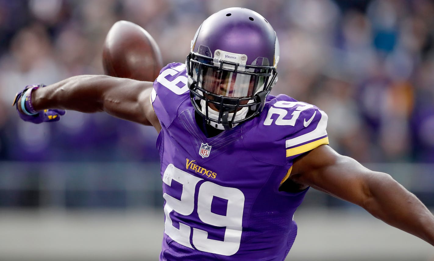 Vikings cornerback Xavier Rhodes intercepted a pass by the Cardinals' Carson Palmer and returned 100-yard for a touchdown in the second quarter Sunday. ] CARLOS GONZALEZ cgonzalez@startribune.com - November 20, 2016, Minneapolis, MN, US Bank Stadium, NFL, Minnesota Vikings vs. Arizona Cardinals