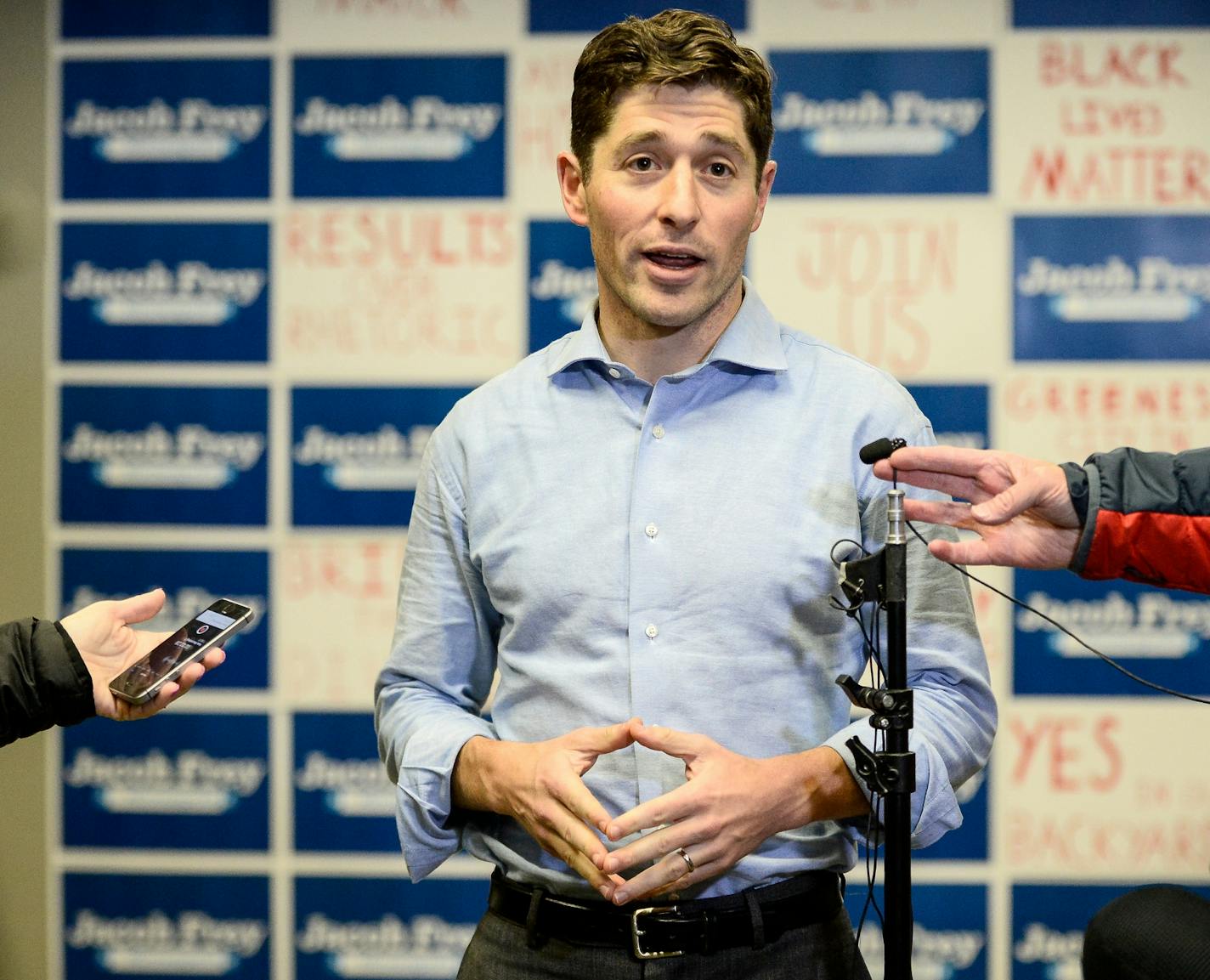 Minneapolis Mayor-elect Jacob Frey spoke to reporters at his headquarters Wednesday after the announcement that he won the race.