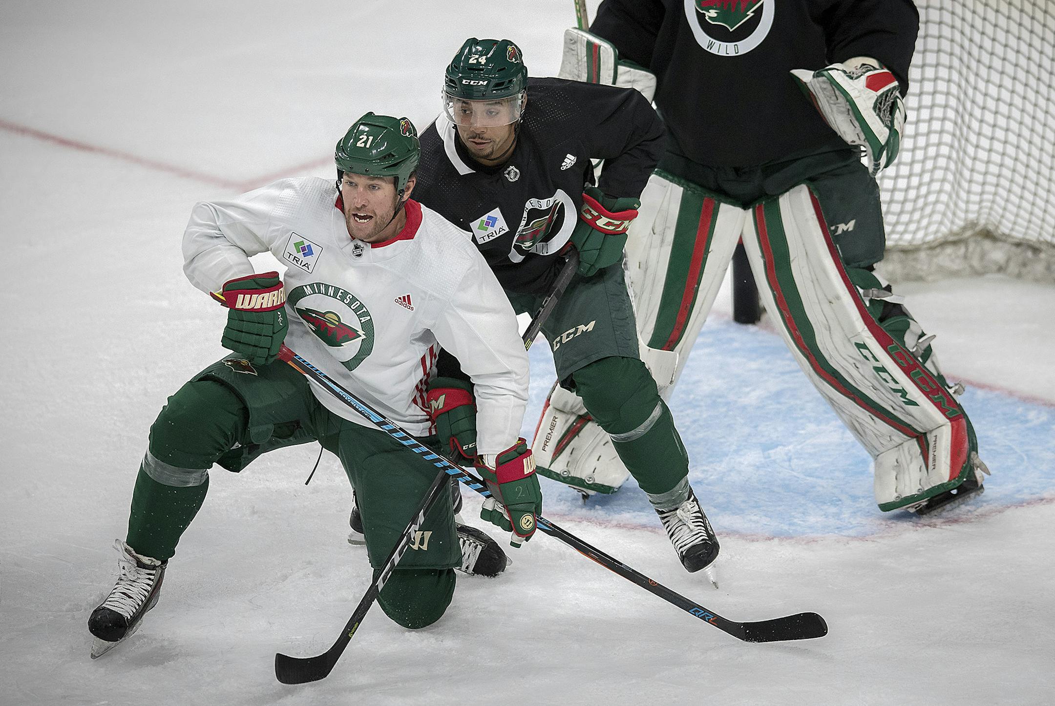Minnesota Wild forward Ryan Malone, left, and defenseman Matt Dumba took to the ice for the first day of practice at the Xcel Energy Center, Friday, September 15, 2017 in St. Paul, MN. ] ELIZABETH FLORES ï liz.flores@startribune.com