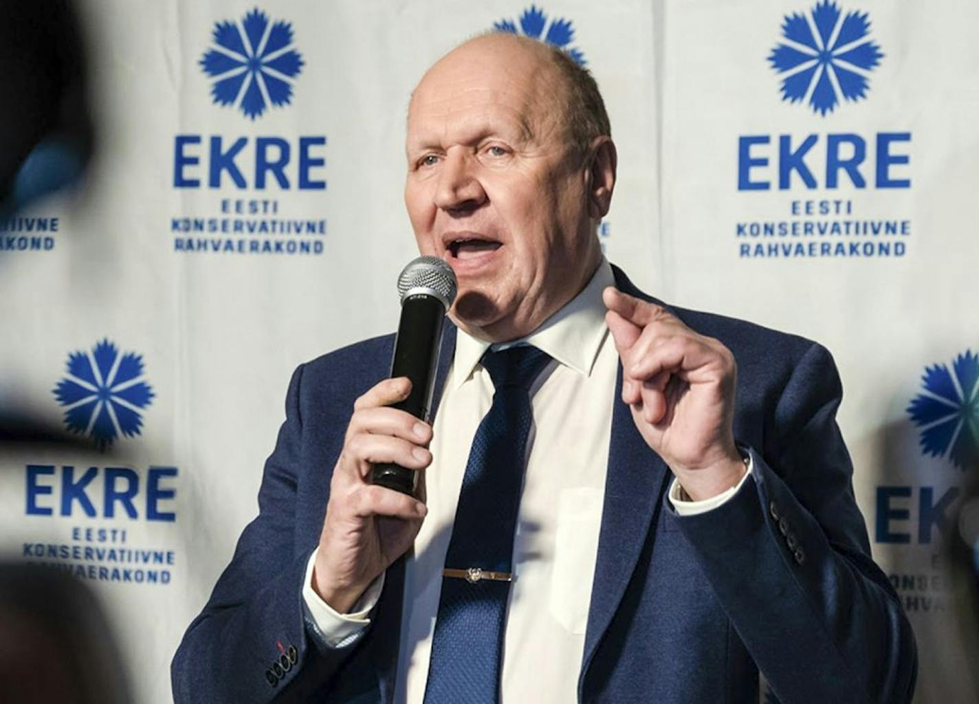 In this March 4, 2019, photo, Chairman of the Estonian Conservative People's Party (EKRE) Mart Helme speaks at the headquarters after parliamentary elections in Tallinn, Estonia. Estonia's far-right interior minister, Mart Helme, resigned Monday Nov. 9, 2020, a day after he called President-elect Joe Biden and his son Hunter "corrupt characters" without providing further details or evidence.