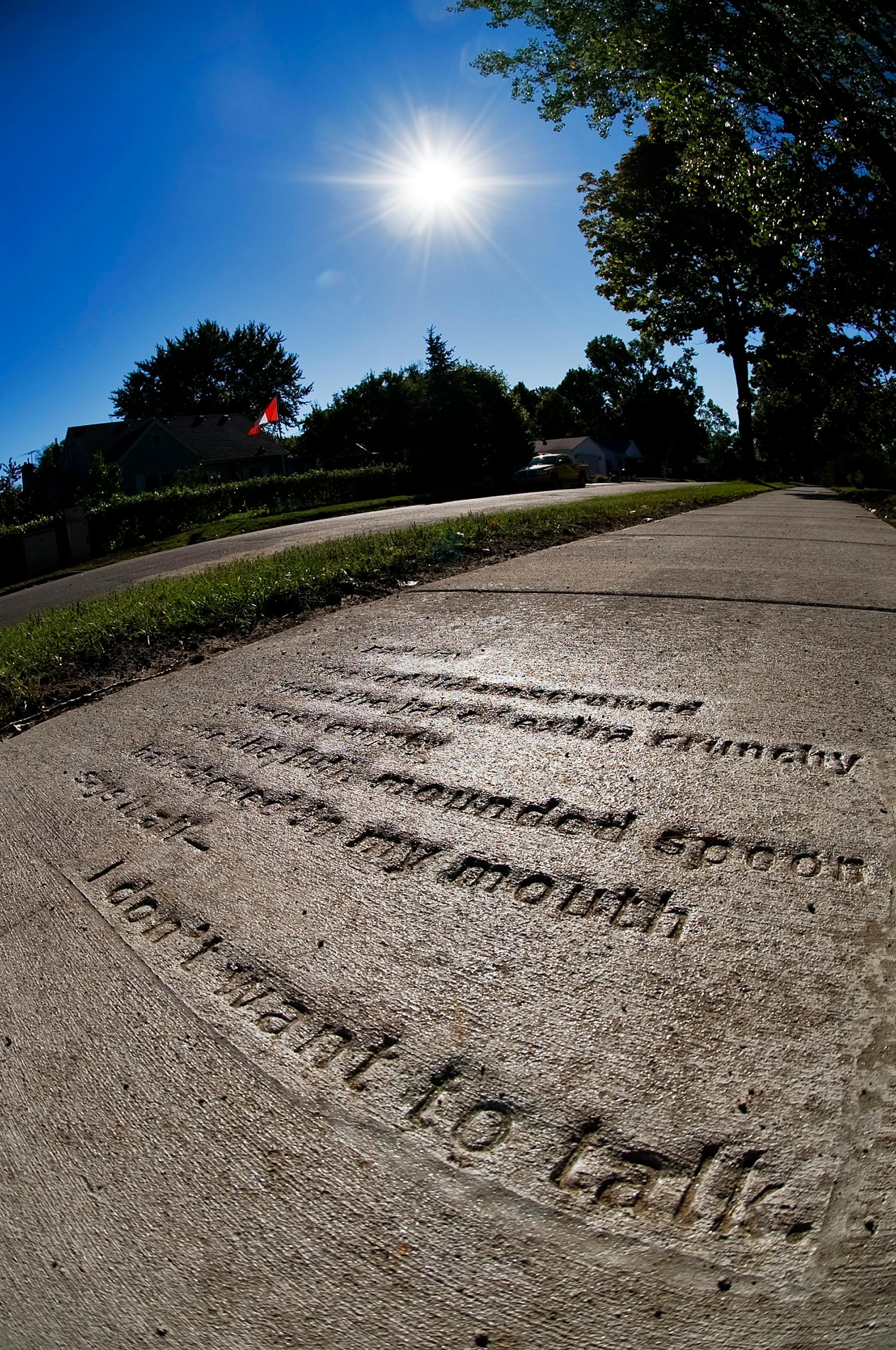 Poetry embedded in a sidewalk at the corner of Grotto and Ivy in St. Paul's Como neighborhood.