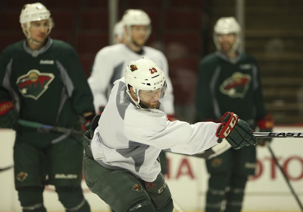 Minnesota Wild right wing Jason Pominville (29) took a shot during a team practice.