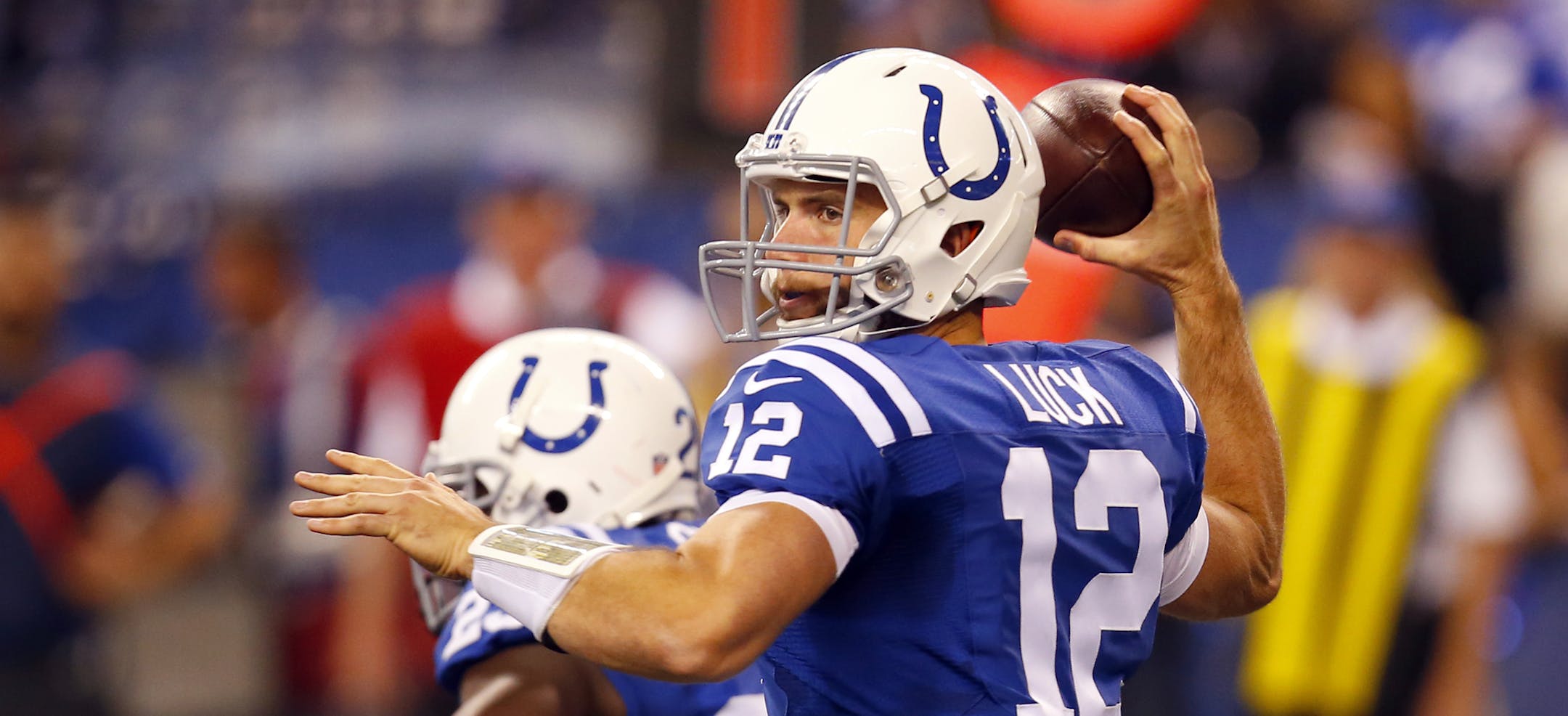 Indianapolis Colts quarterback Andrew Luck (12) throws a pass against the New England Patriots during an NFL football game in Indianapolis, Sunday, Oct. 18, 2015. (Jeff Haynes/AP Images for Panini)