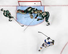 Vladimir Tarasenko of the Blues beat Wild goalie Marc-Andre Fleury on May 10 during the teams’ playoff series at Xcel Energy Center.