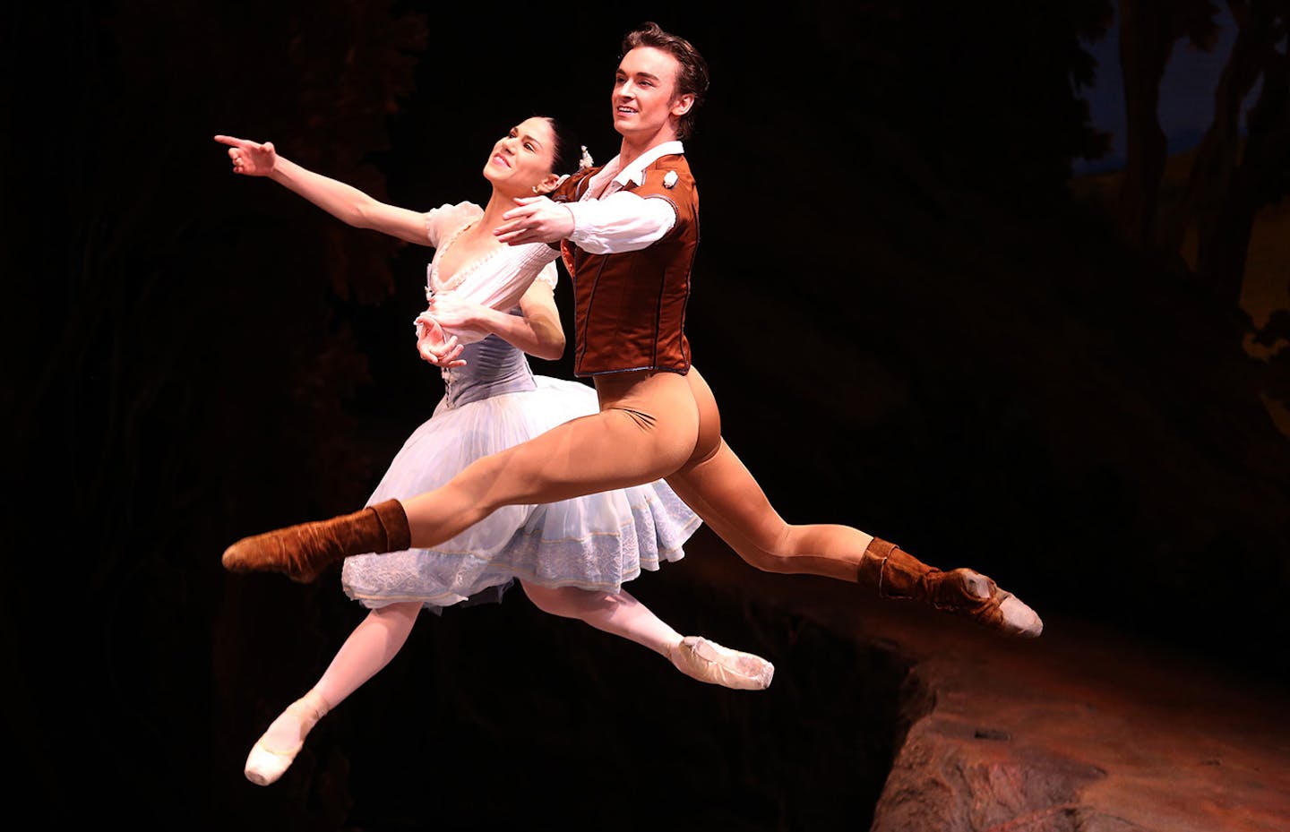 Paloma Herrera, playing Giselle and Jared Matthews playing Count Albrecht leapt through the air during the first act of "Giselle" at t the newly remodeled Northrop Auditorium in Minneapolis