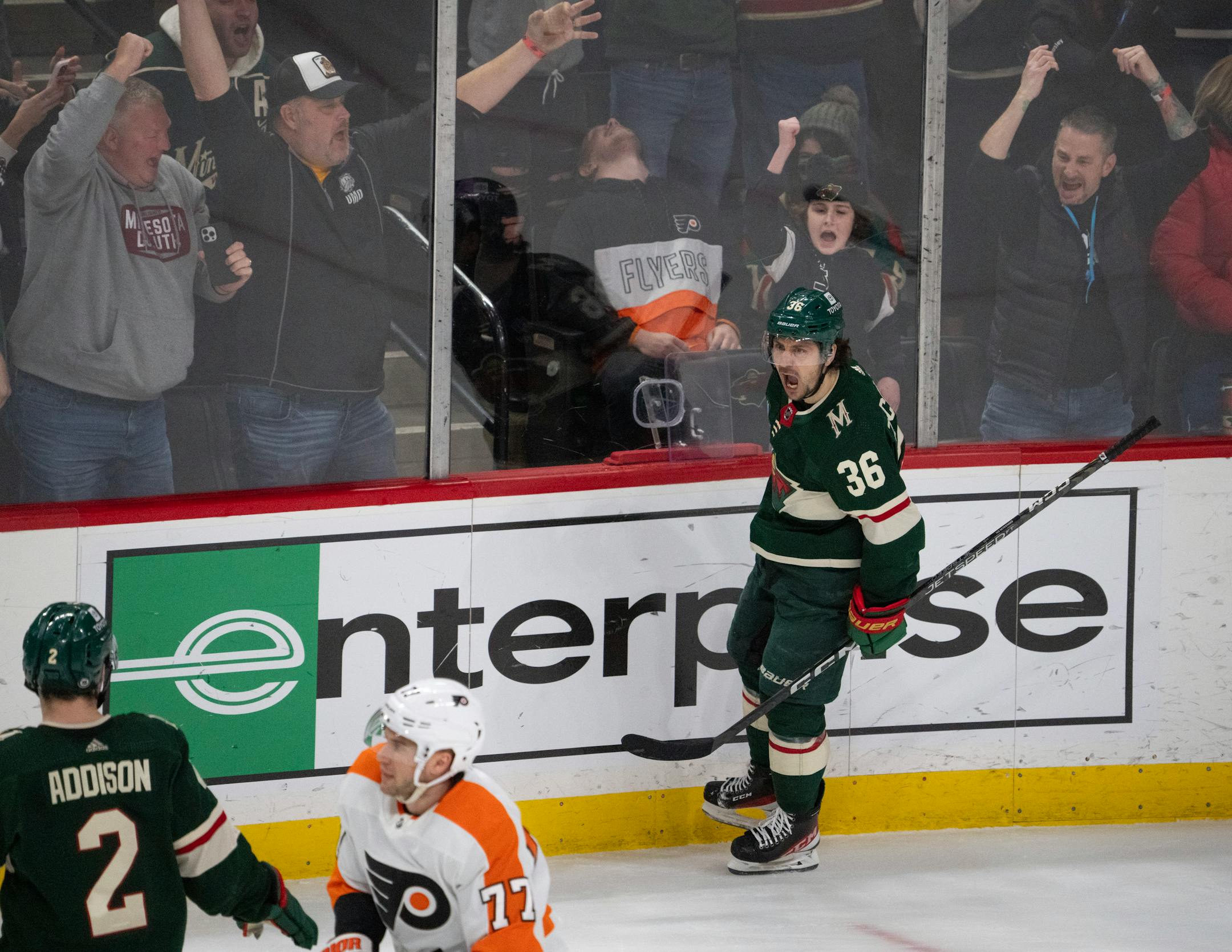 Minnesota Wild right wing Mats Zuccarello (36) celebrated after he lifted the puck over the glove of Flyers goaltender Carter Hart (79) for the winning goal in overtime. The Minnesota Wild defeated the Philadelphia Flyers 3-2 in overtime in an NHL hockey game Thursday night, January 26, 2023 at Xcel Energy Center in St. Paul. ] JEFF WHEELER • jeff.wheeler@startribune.com