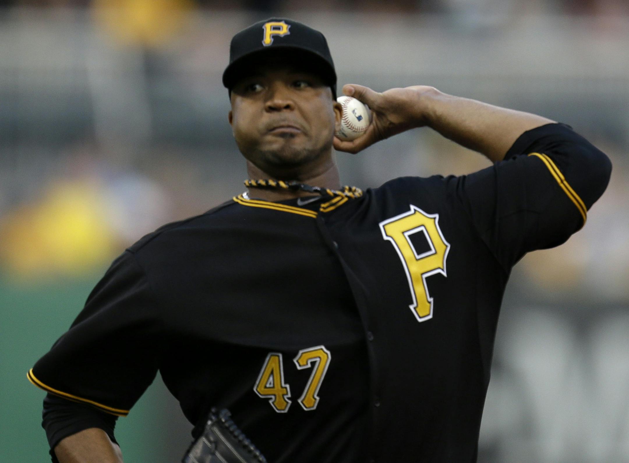 Pittsburgh Pirates starting pitcher Francisco Liriano (47) delivers during the first inning of a baseball game against the St. Louis Cardinals in Pittsburgh Friday, Aug. 30, 2013. (AP Photo/Gene J. Puskar) ORG XMIT: MIN2013083020552587 ORG XMIT: MIN1308302057460267