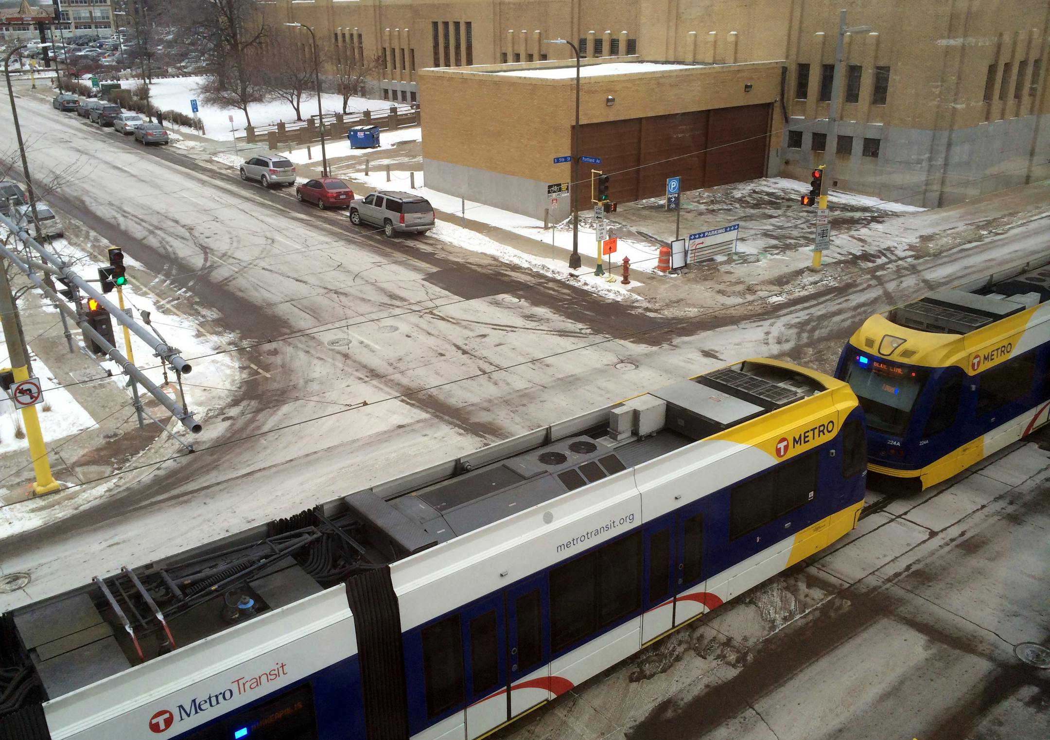 A Blue Line train stuck on the tracks in downtown Minneapolis, blocking traffic from traveling on Portland Avenue around 3 p.m. on Monday, January 5, 2015.