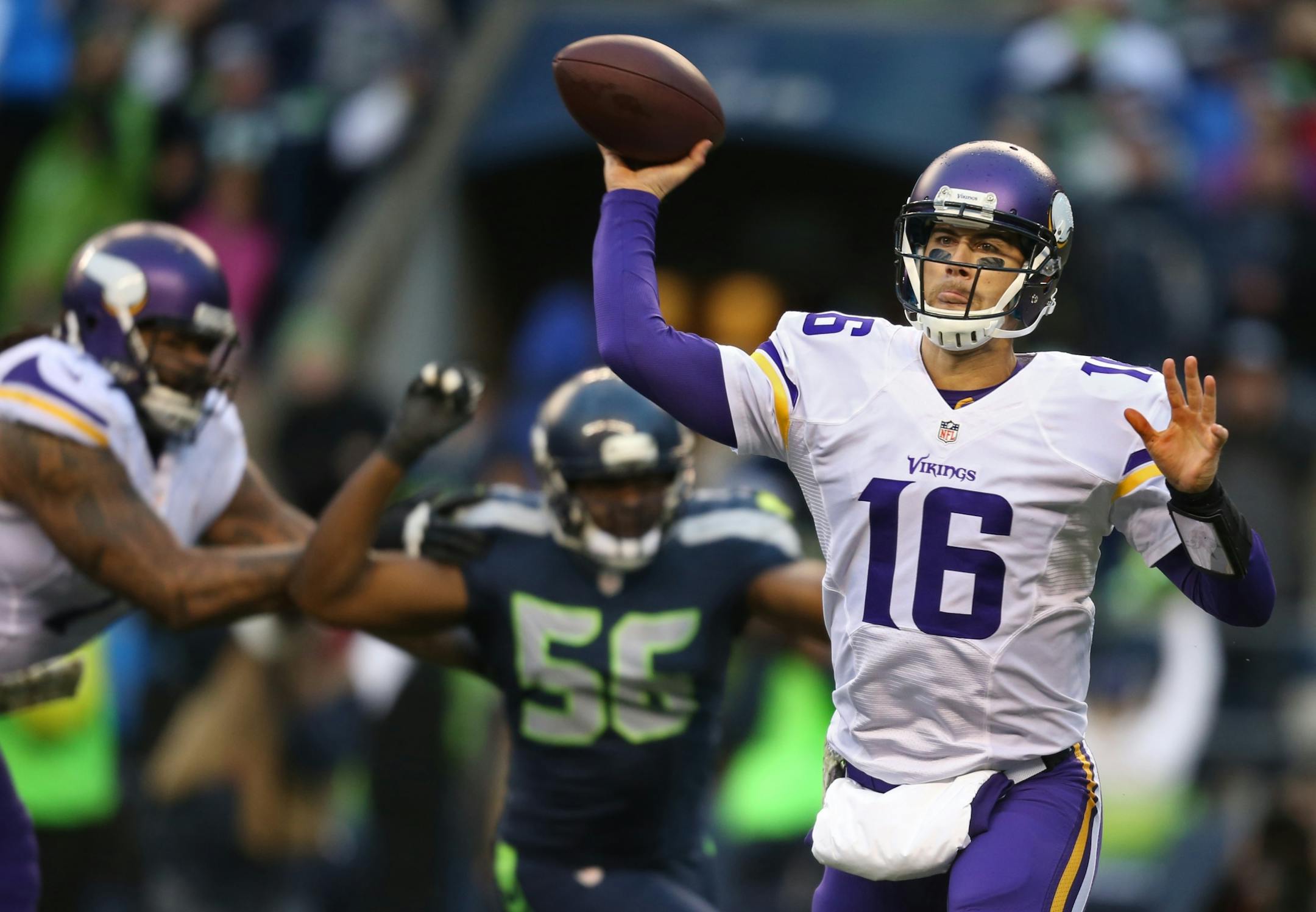 Minnesota Vikings quarterback Matt Cassel (16) was intercepted by Seahawks defensive tackle Clinton McDonald (69) in the fourth quarter after replacing Christian Ponder.