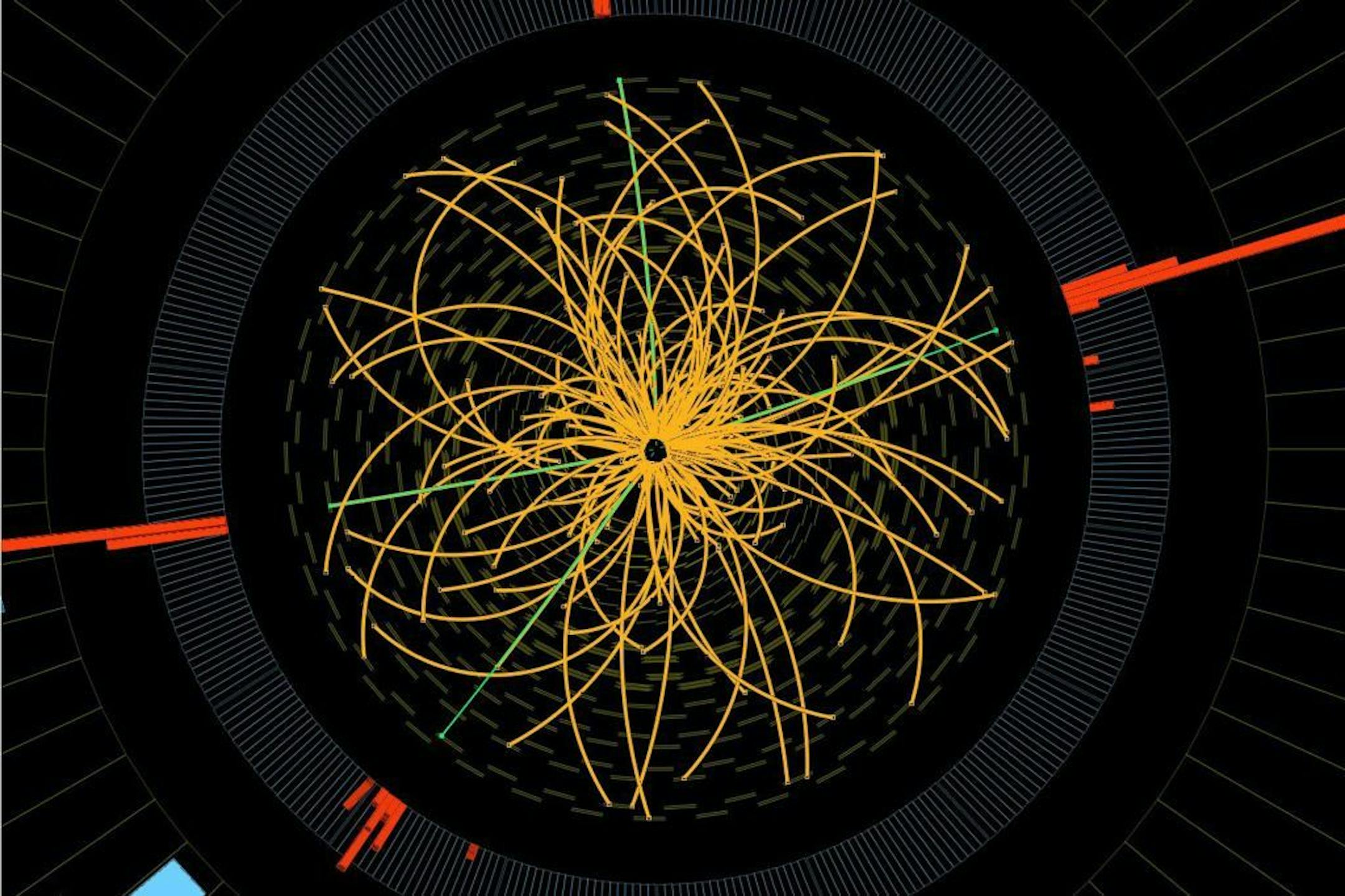 This image provided by CERN, shows a real CMS proton-proton collision in which four high energy electrons (green lines and red towers) are observed in a 2011 event. The event shows characteristics expected from the decay of a Higgs boson but is also consistent with background Standard Model physics processes. Physicists say they are now confident they have discovered a long-sought subatomic particle known as a Higgs boson.