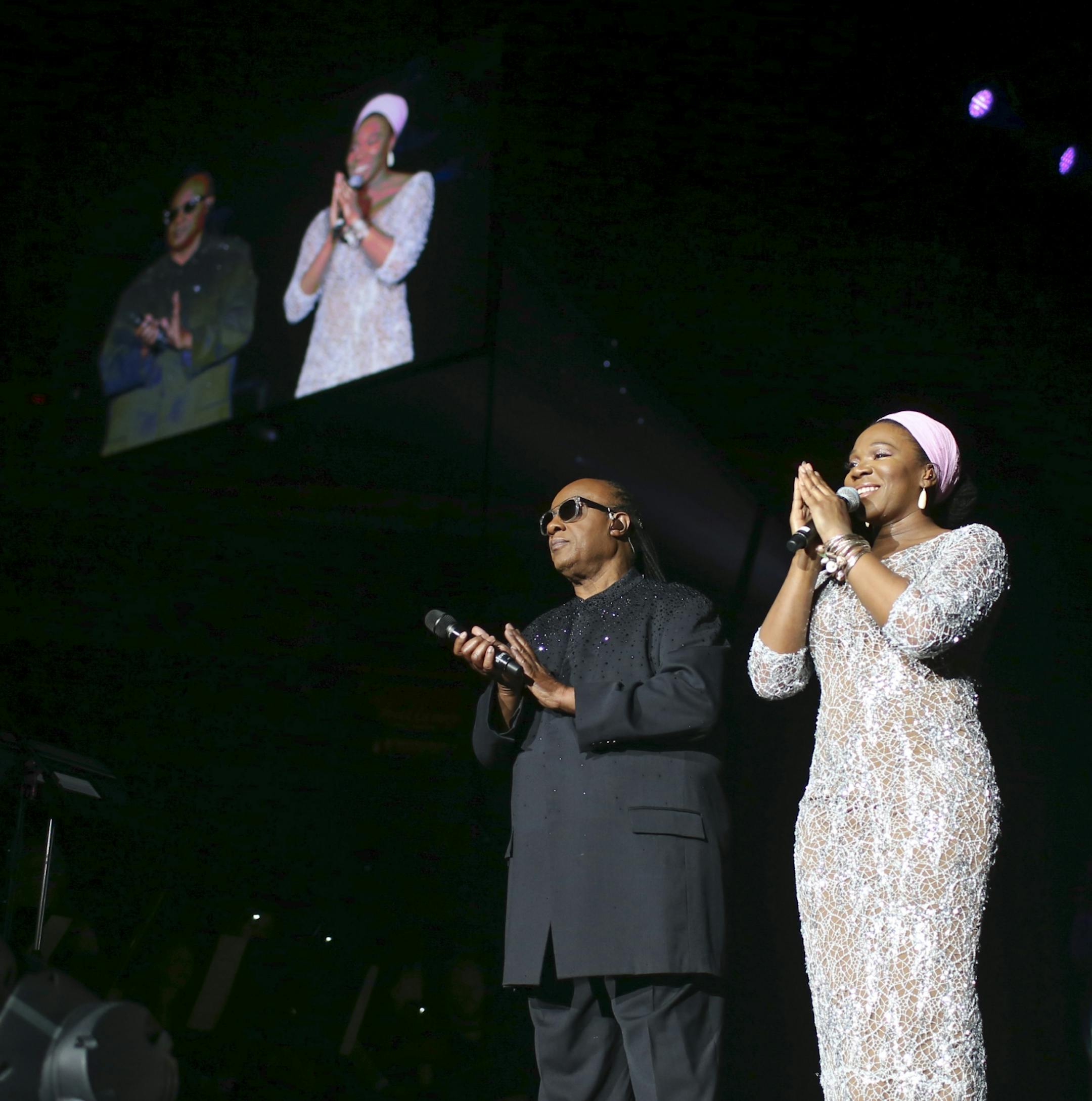 Stevie Wonder was escorted on stage by India Arie, who performed also performed with him. He greeted the audience before he began with the first cut on the album, "Love's in Need of Love Today" Sunday night at Target Center.
