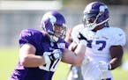 Carter Bykowski left tried to block Everson Griffen during Vikings training camp at Minnesota State University Mankato Wednesday July 29, 2015 in Mank