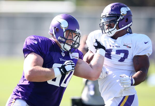 Carter Bykowski left tried to block Everson Griffen during Vikings training camp at Minnesota State University Mankato Wednesday July 29, 2015 in Mank