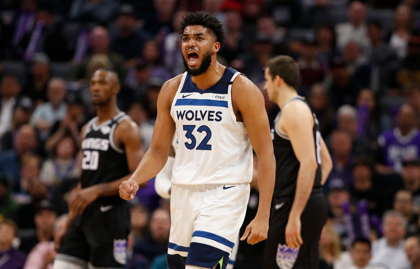 Timberwolves center Karl-Anthony Towns shouts after not getting a foul call during the second half in Sacramento on Feb. 3