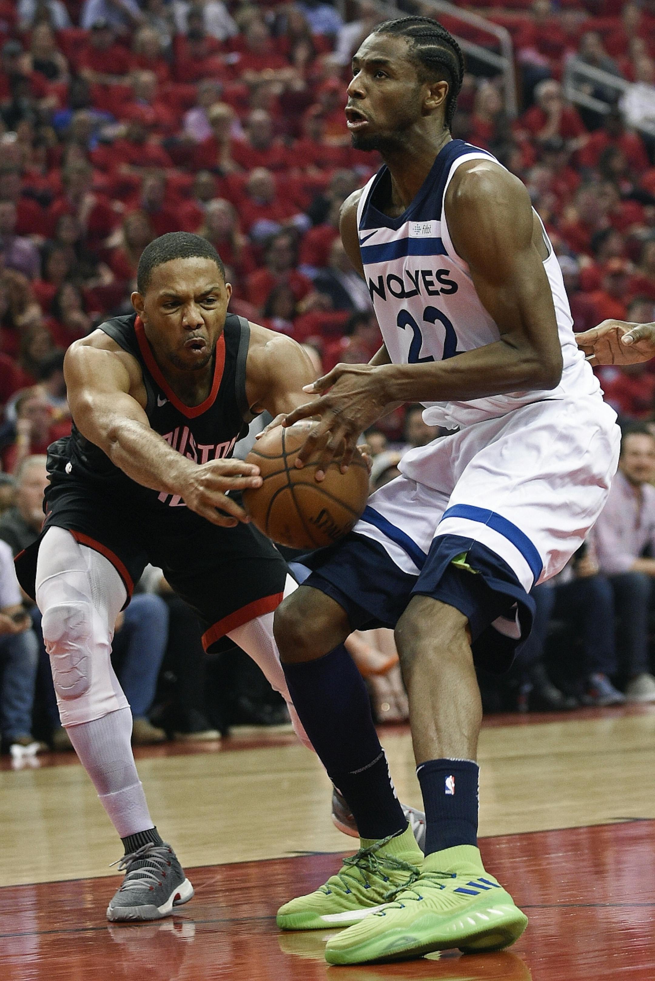 Houston Rockets guard Eric Gordon, left. Attempt to steal the ball from Minnesota Timberwolves forward Andrew Wiggins during the first half in Game 5 of a first-round NBA basketball playoff series, Wednesday, April 25, 2018, in Houston.
