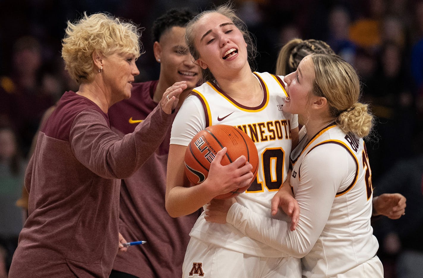 Gophers guard Katie Borowicz (23) celebrated with guard Mara Braun (10) after her game-winning shot as time ran out in the fourth quarter of their game Sunday, Nov. 13, 2022 at Williams Arena in Minneapolis. The University of Minnesota women's basketball team stunned the Lehigh University Mountain Hawks with a 101-99 victory. ] JEFF WHEELER • Jeff.Wheeler@startribune.com