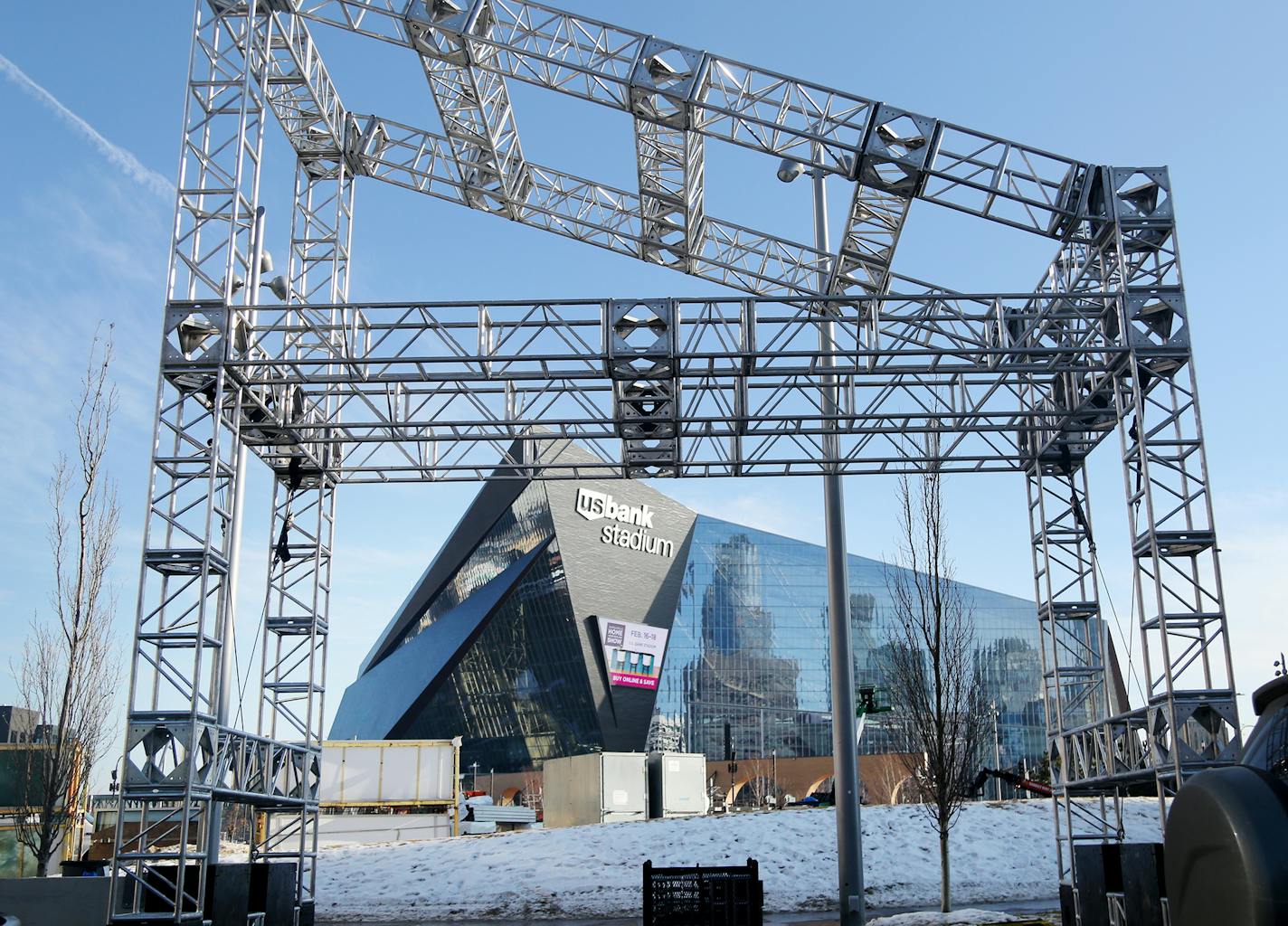 Signs of the Super Bowl buildup are starting to appear, including temporary construction at the Commons outside of U.S. Bank Stadium.