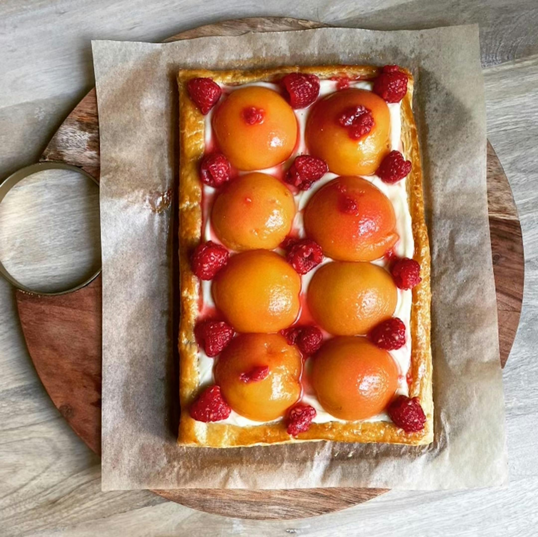 Credit: Barrett Radziun Musician Barrett Radziun is baking his way through Claire Saffitz's "Dessert Person." Peach Melba Tart