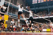 Gophers middle blocker Naya Gros (8), above blocked a shot against Purdue on Oct. 22 at Maturi Pavilion, and her teammates play Michigan at home Frida