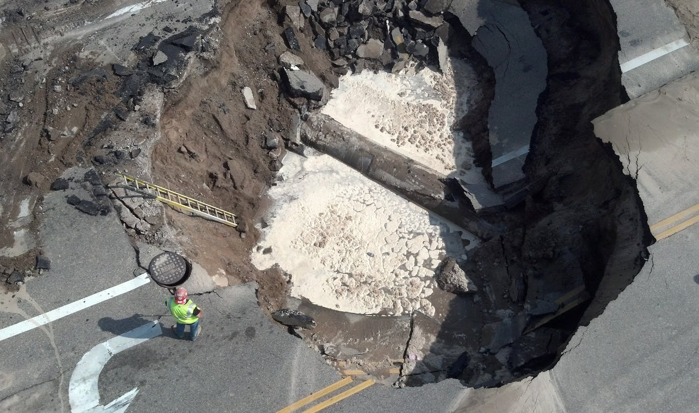 An aerial view several days after the water main break in Robbinsdale