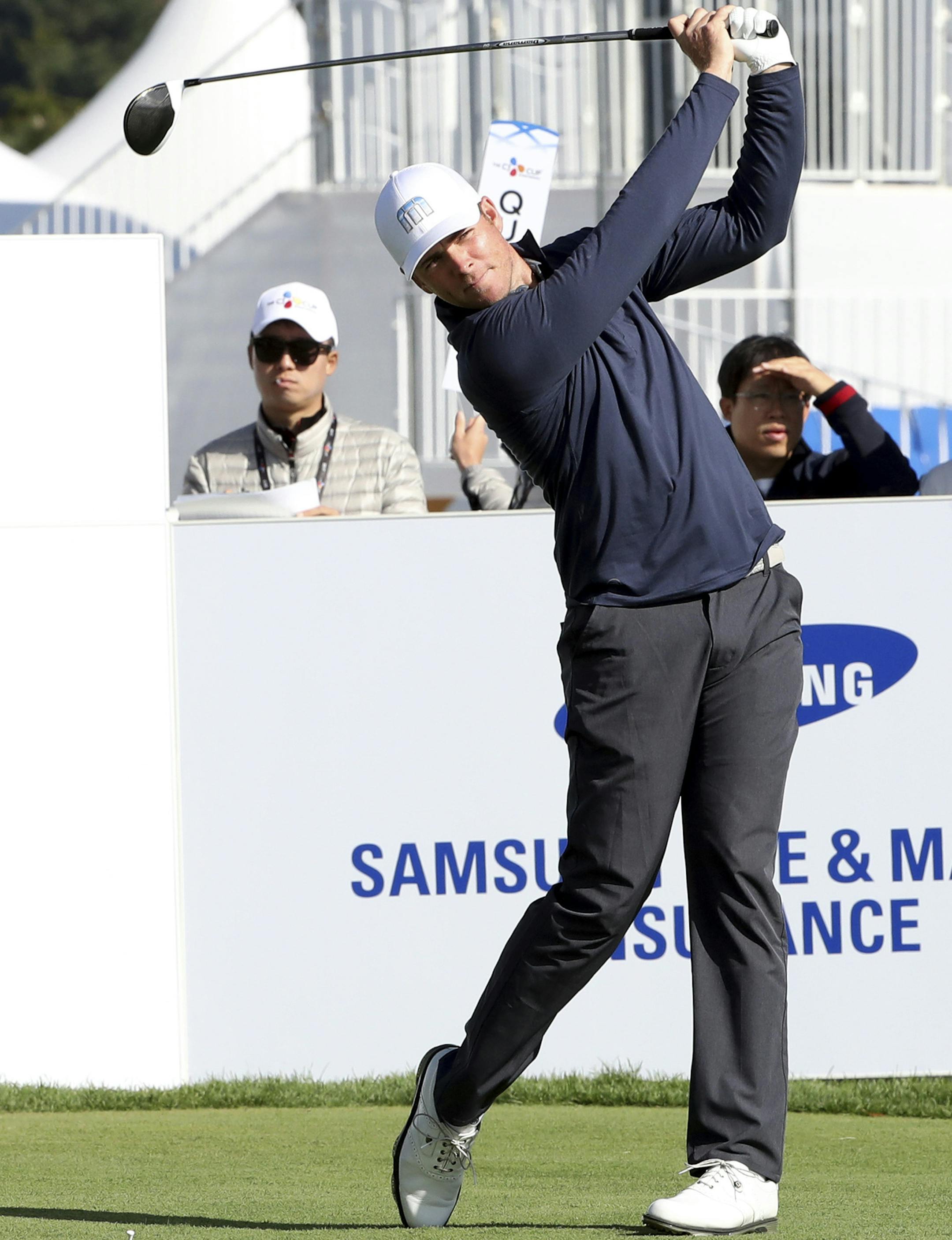 Luke List of the United States watches his tee shot on the tenth hole during the second round of the CJ Cup at Nine Bridges, as the first U.S. PGA Tour regular-season event in South Korea, on Jeju Island, South Korea, Friday, Oct. 20, 2017. (Ko Bum Joon/Newsis via AP)