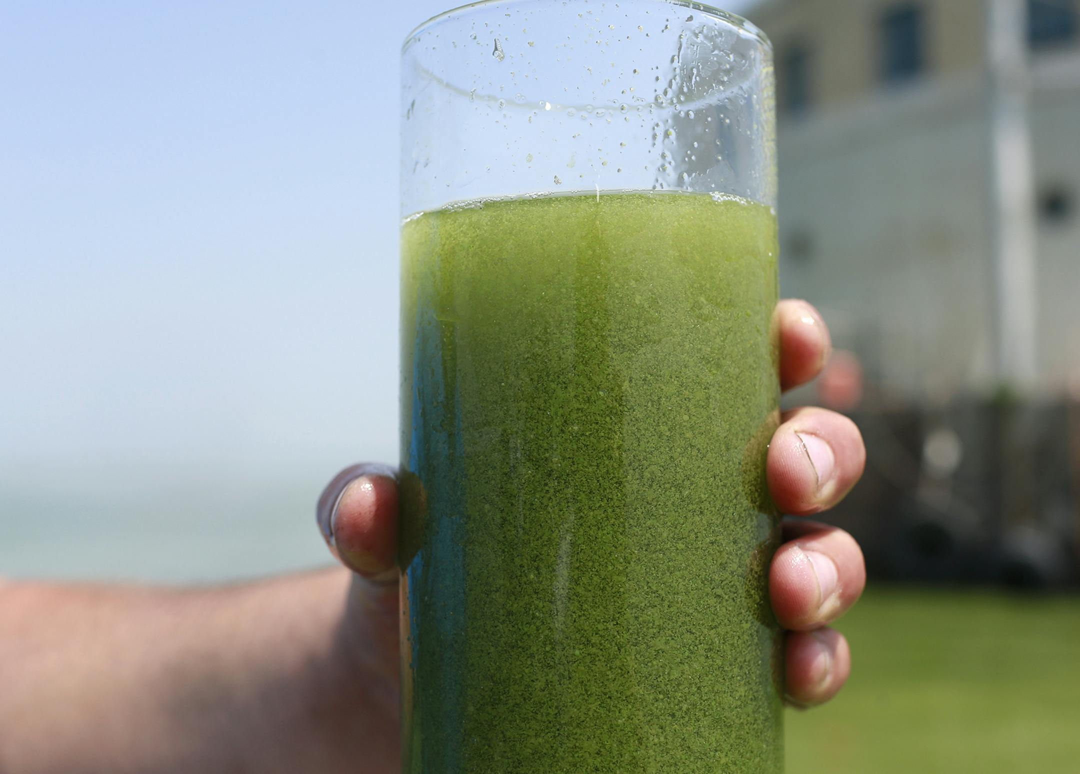 A sample glass of Lake Erie water is photographed near the City of Toledo water intake crib, Sunday, Aug. 3, 2014, in Lake Erie, about 2.5 miles off the shore of Curtice, Ohio. More tests are needed to ensure that toxins are out of Toledo's water supply, the mayor said Sunday, instructing the 400,000 people in the region to avoid drinking tap water for a second day. Toledo officials issued the warning early Saturday after tests at one treatment plant showed two sample readings for microcystin ab