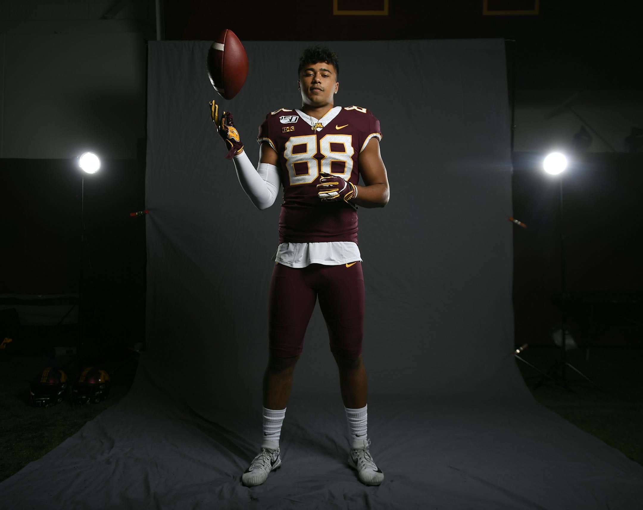 Gophers tight end Brevyn Spann-Ford stood for a portrait Tuesday morning. ] Aaron Lavinsky ¥ aaron.lavinsky@startribune.com The University of Minnesota Golden Gophers football team held their media day on Tuesday, July 30, 2019 at the Football Practice Facility at the Athletes Village in Minneapolis, Minn.