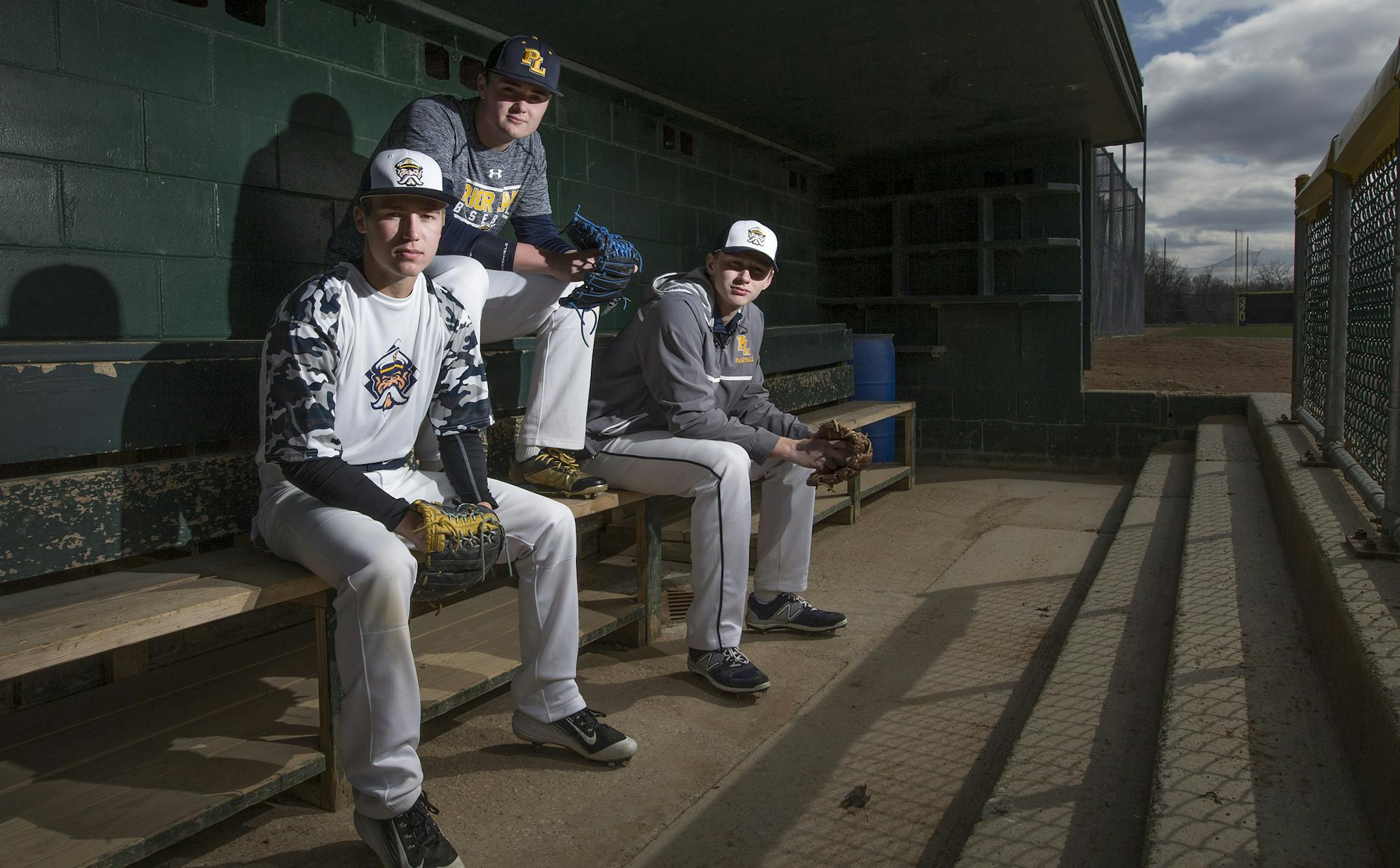 Prior Lake pitchers Lawson Zenner, Nick Hanson and Jimmy Larson. ] CARLOS GONZALEZ cgonzalez@startribune.com - April 4, 2016, Prior Lake, MN, Feature story on Prior Lake baseball, senior pitchers Nick Hanson, Jimmy Larson and Lawson Zenner