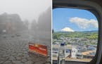 Our writer's view of Mt. Fuji while standing on it, left, vs. 30 miles away on a train from Kyoto to Tokyo three days later.