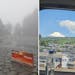 Our writer's view of Mt. Fuji while standing on it, left, vs. 30 miles away on a train from Kyoto to Tokyo three days later.