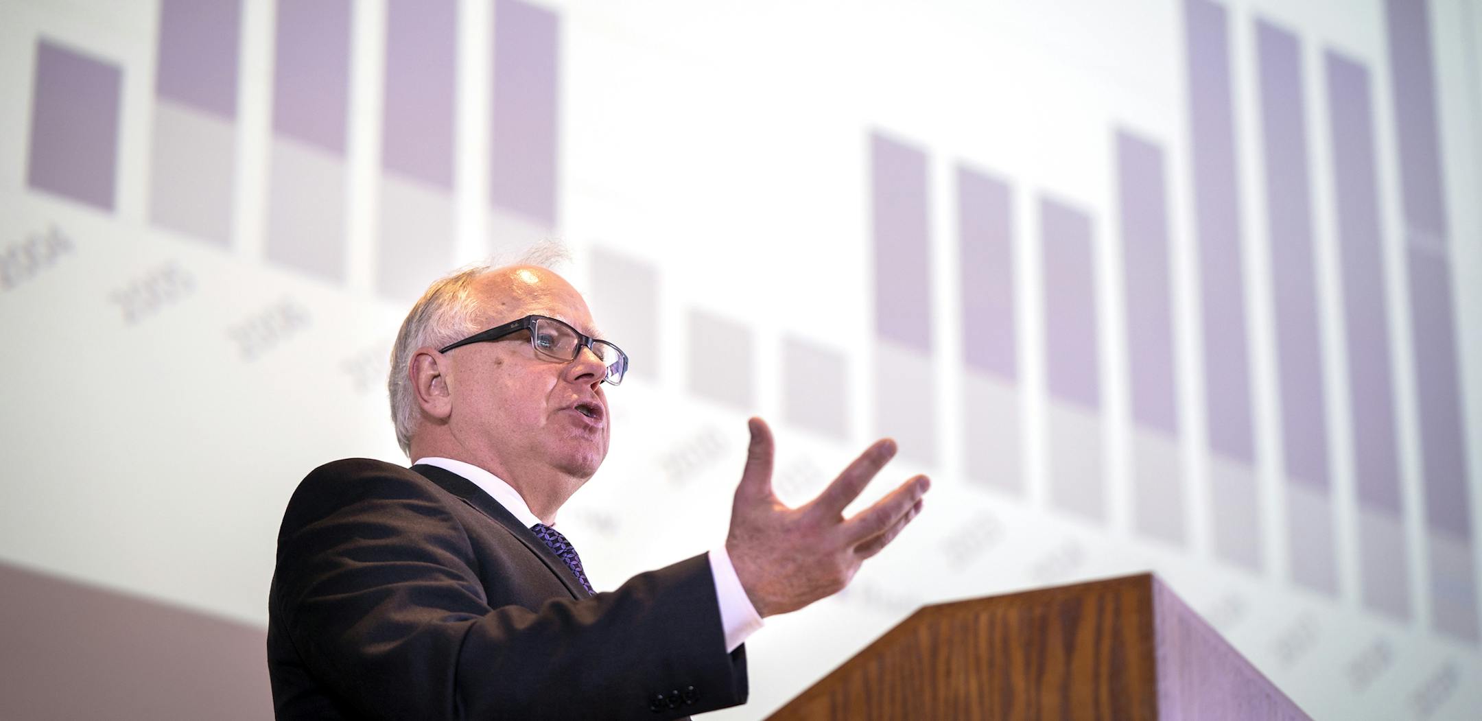 Governor Tim Walz speaks during the Budget and Economic Forecast. ] LEILA NAVIDI • leila.navidi@startribune.com BACKGROUND INFORMATION: The State of Minnesota's Budget and Economic Forecast held in the Department of Revenue building in St. Paul on Thursday, February 28, 2019.