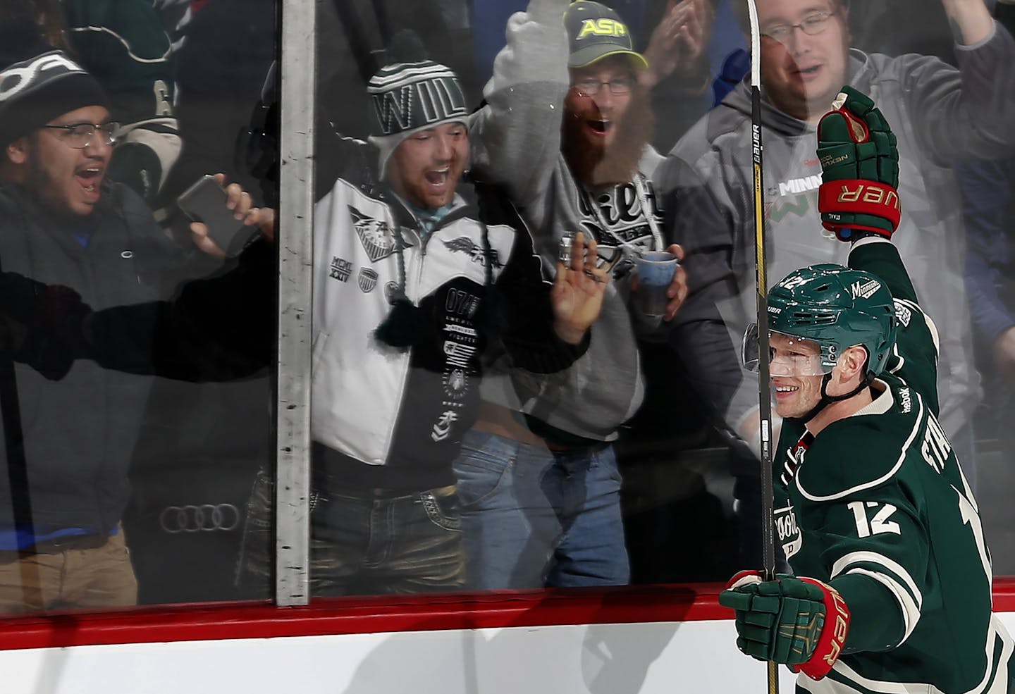 Eric Staal (12) celebrated after scoring a goal in the second period against Montreal.