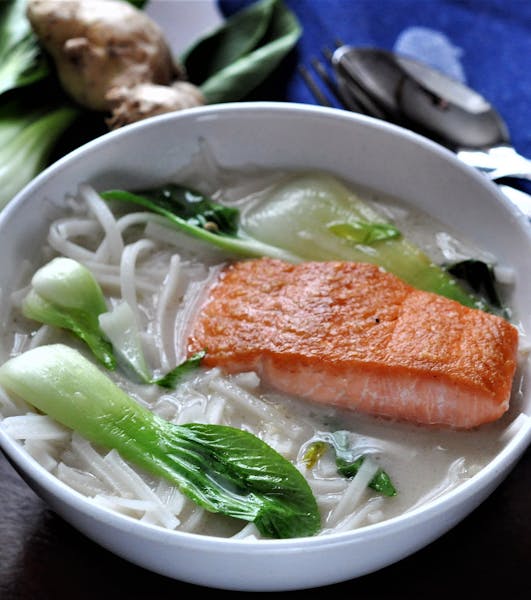 Seared Salmon and Noodles in Coconut-Ginger Broth