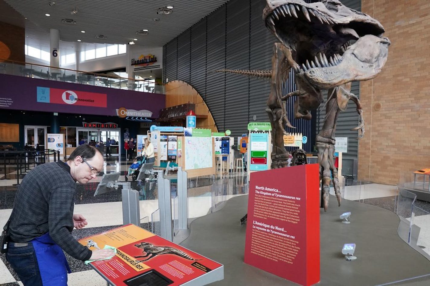 A worker cleaned the informational panel on a Tyrannosaurs Rex exhibit in the lobby Thursday afternoon at the Science Museum of Minnesota.