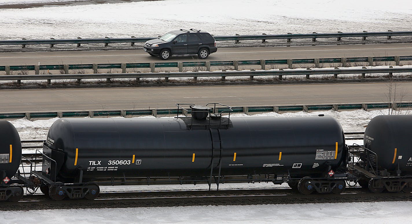 Canadian Pacific has seen a dramatic increase in crude oil shipments in tank cars. This crude-only &#x201c;unit train&#x201d; passed through St. Paul (here, along Warner Road and the Mississippi River) on Feb. 27. Unit trains of up to 120 cars are loaded with crude in at terminals in North Dakota and Canada and take their cargo to a single destination, often refineries on the East Coast and Gulf Coasts. It was not known where this train originated or was headed. CP says that 53,500 car loads of