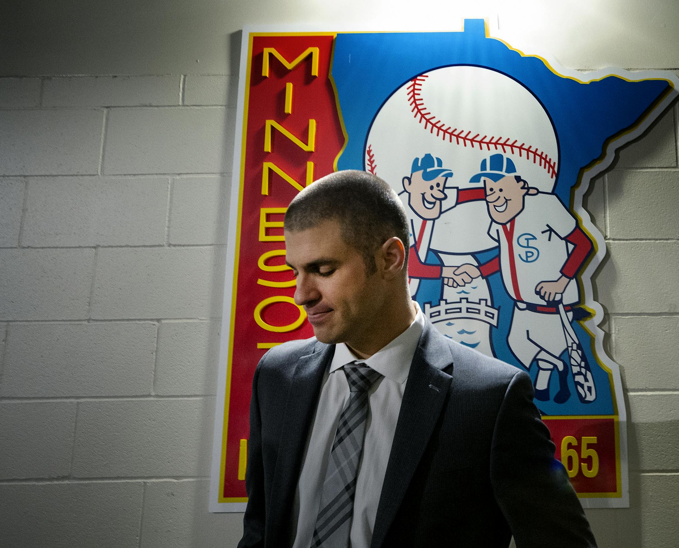 Minnesota Twins Joe Mauer before entering his retirement press conference at Target Field. ] CARLOS GONZALEZ ï cgonzalez@startribune.com ñ November 12, 2018, Minneapolis, MN, Target Field, Minnesota Twins Joe Mauer retirement press conference