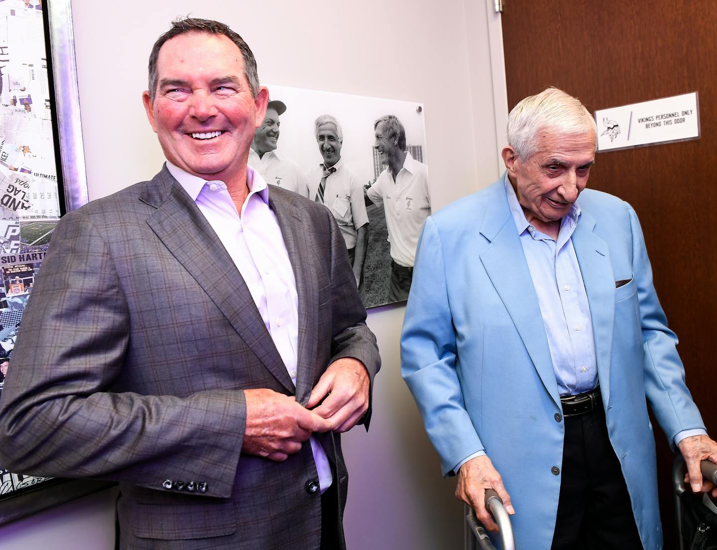 Vikings head coach Mike Zimmer shared a laugh with Sid Hartman in the just-unveiled Sid Hartman Interview Room Friday. ] AARON LAVINSKY • aaron.lavinsky@startribune.com The Sid Hartman Interview Room was unveiled Friday, June 15, 2018 at the Vikings new training facility in Eagan, Minn. Remarks were made by NFL Commissioner Roger Goodell, Vikings owners Zygi and Mark Wilf, and longtime friend and former Vikings head coach Bud Grant.