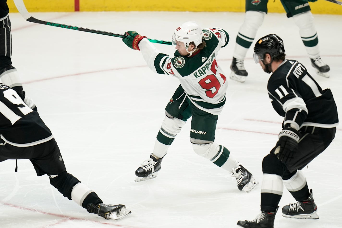 Minnesota Wild's Kirill Kaprizov shoots to score his second goal Friday vs. the Kings.