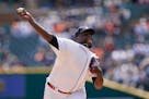 Detroit Tigers pitcher Michael Pineda threw against the New York Yankees in the second inning of a baseball game in Detroit, Thursday, April 21, 2022.