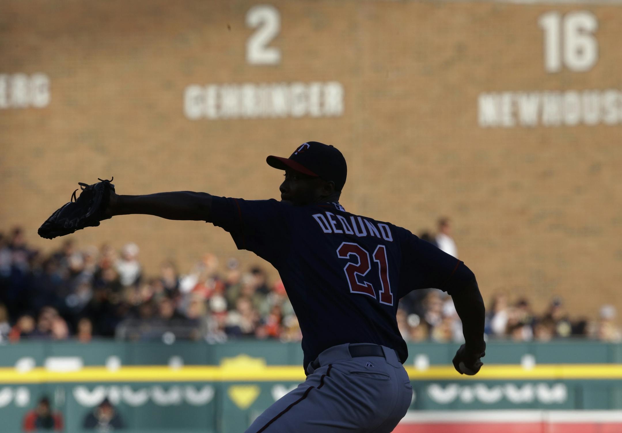 Minnesota Twins starting pitcher Samuel Deduno throws during the second inning of a baseball game against the Detroit Tigers in Detroit, Friday, May 24, 2013.