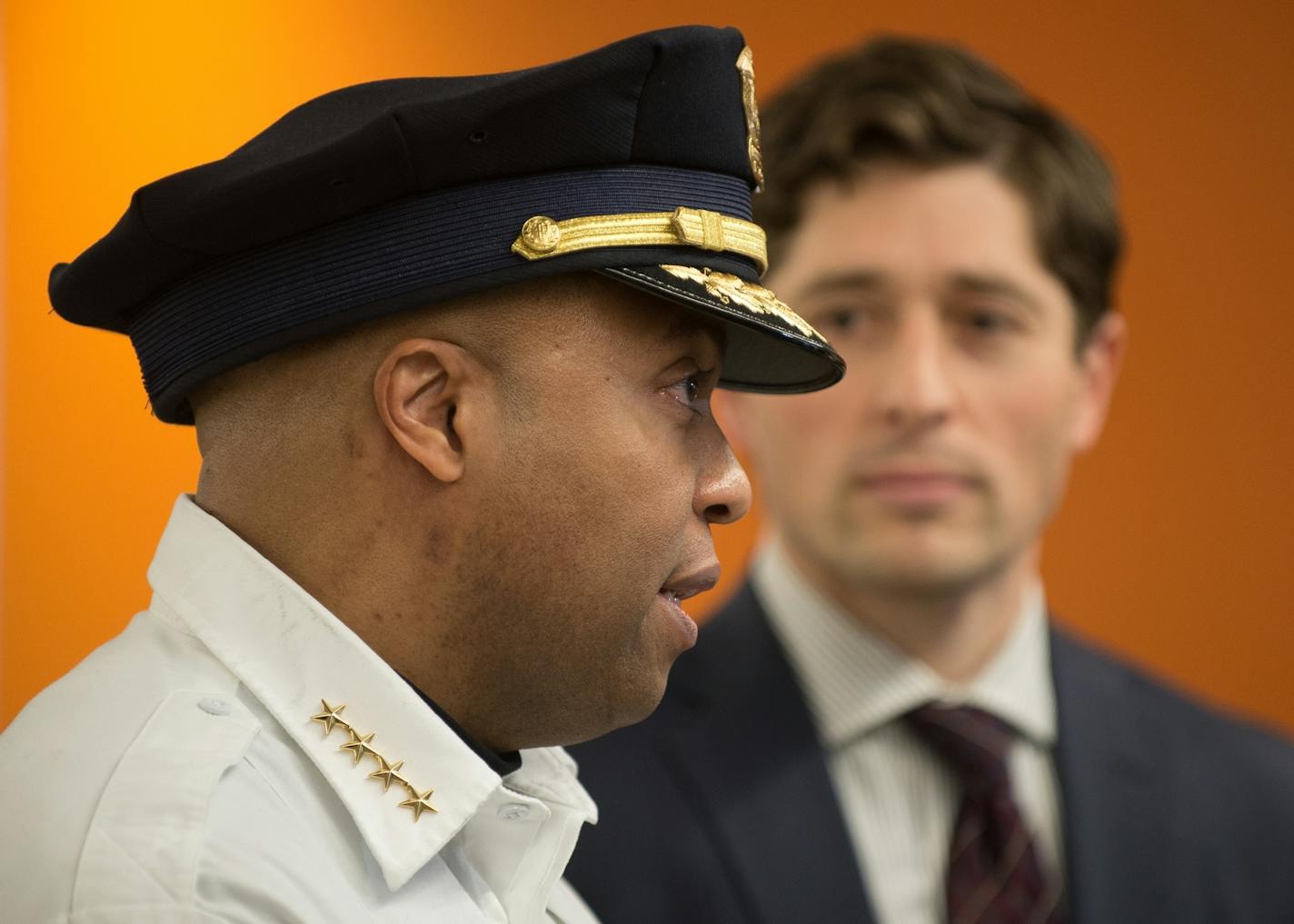 Minneapolis Mayor Jacob Frey listened as Minneapolis Police Chief Medaria Arradondo spoke to the media Thursday at North Market.