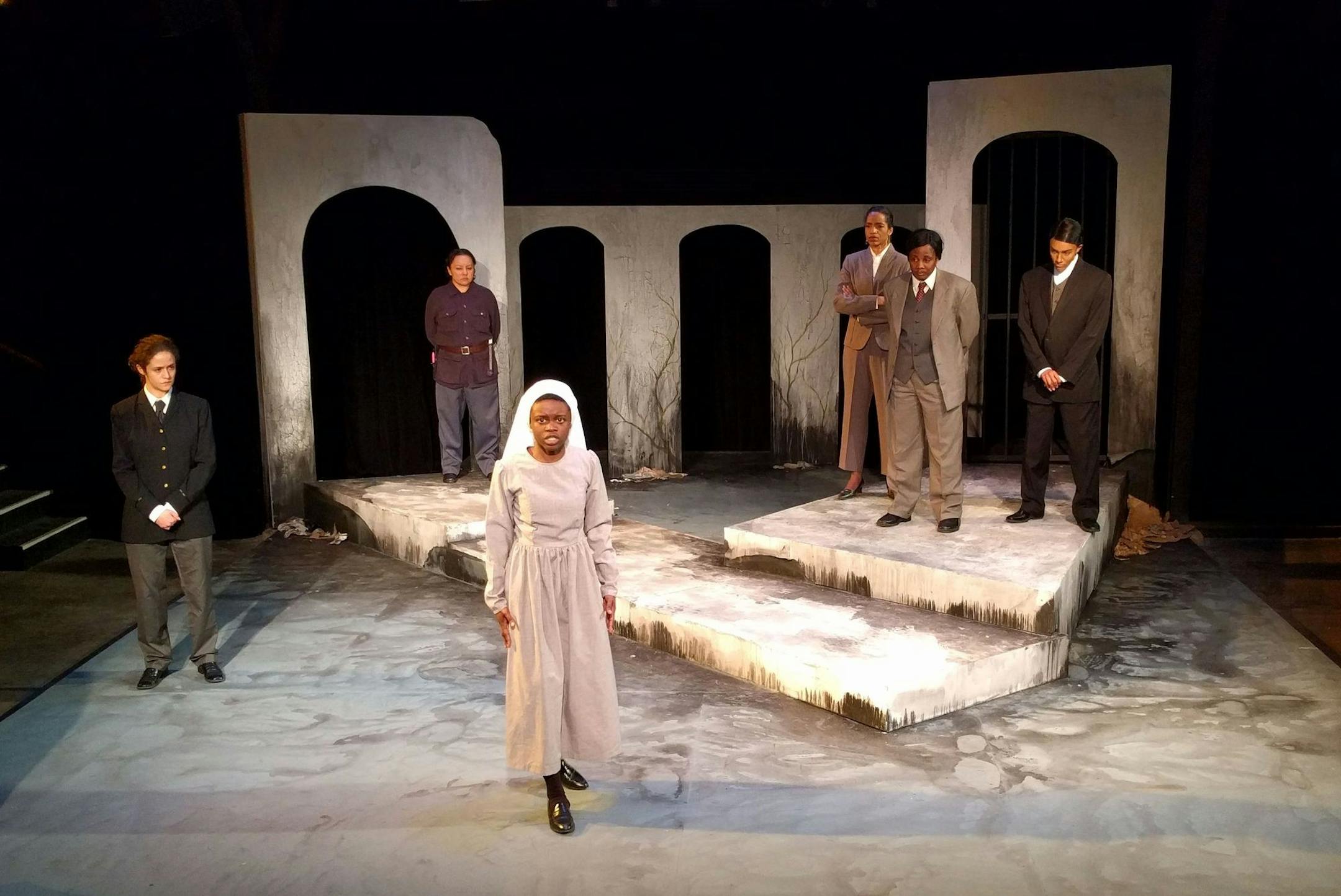 Ashembaga Jaafaru, center, with Stephanie Ruas, Delinda ìOogieî Pushetonequa, Lynda J. Dahl, Charla Marie Bailey and Samantha Joy Singh in "Measure for Measure" by Theatre Unbound.