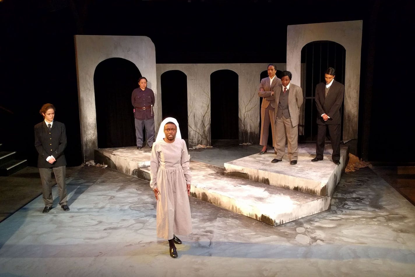 Ashembaga Jaafaru, center, with Stephanie Ruas, Delinda &#xec;Oogie&#xee; Pushetonequa, Lynda J. Dahl, Charla Marie Bailey and Samantha Joy Singh in "Measure for Measure" by Theatre Unbound.