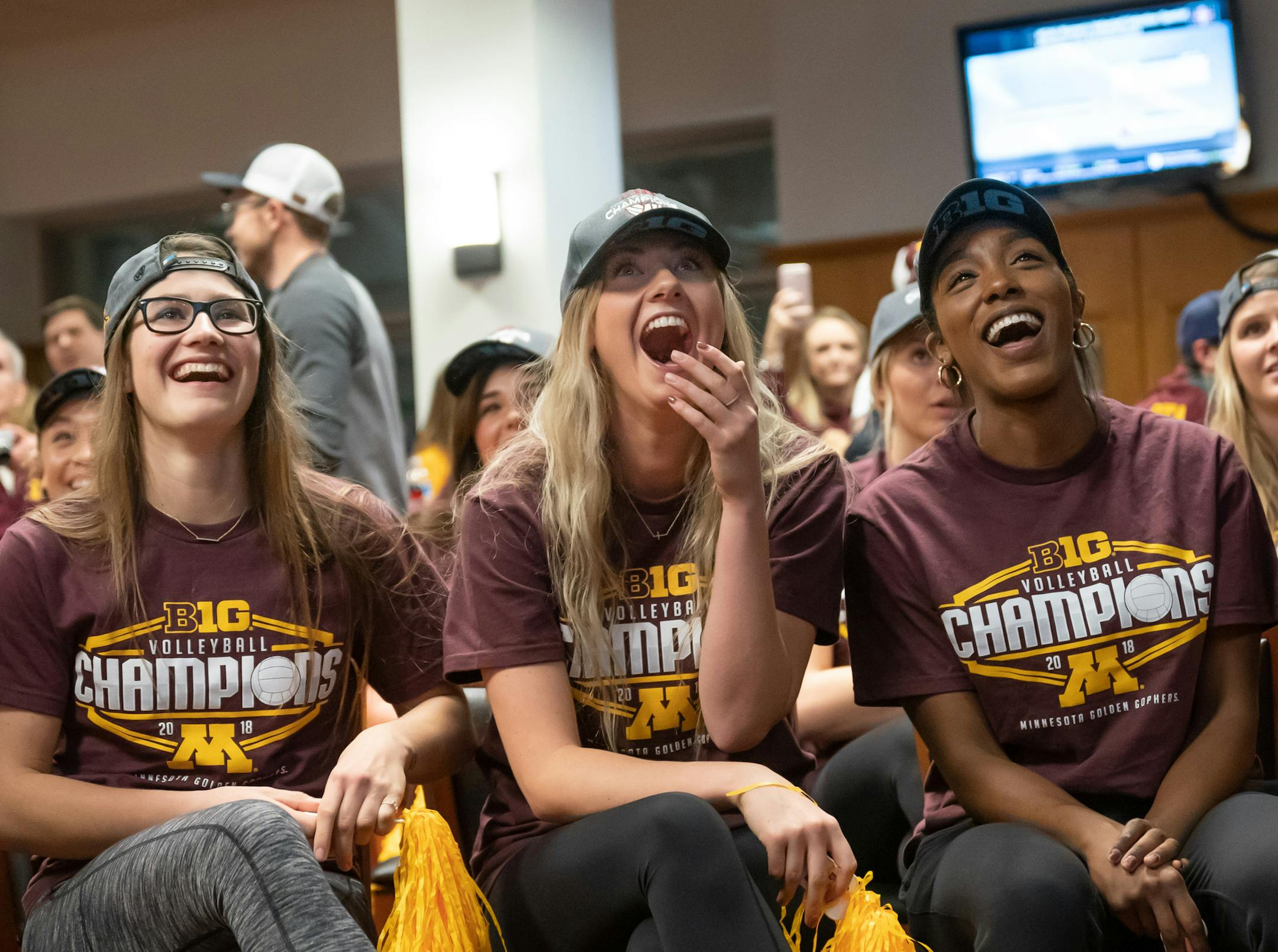 The team's three seniors, Sophie Beckley, Samantha Seliger-Swenson and Kayla Buford cheered as the Gophers were named as the number two seed. ] GLEN STUBBE &#xef; glen.stubbe@startribune.com Sunday, November 25, 2018 The Gophers volleyball team watched the Selection Show on television together.